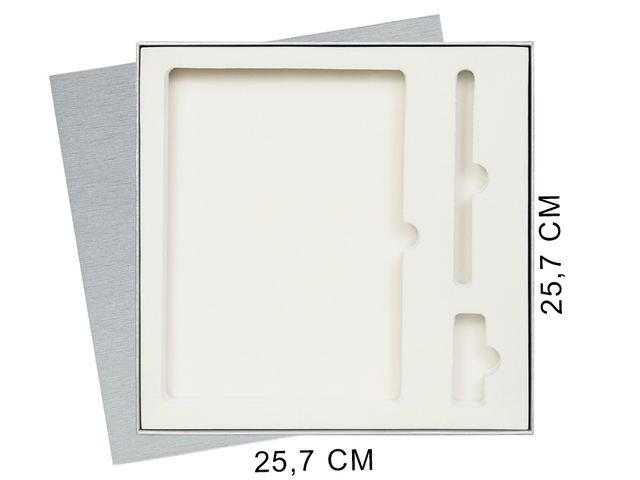 Коробка подарочная Solution Superior Linen под ежедневник, ручку и флешку, серебро, 25,7x25,7 см, бежевый ложемент